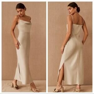 BHLDN- NEW- Cali Satin Charmeuse Cowl-Neck Midi Slip Dress Oyster SZ:2 RET$220.